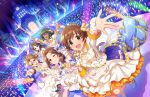 5girls blush brown_eyes brown_hair castle character_request closed_eyes dark-skinned_female dark_skin dress glowstick holding_microphone honda_mio idolmaster_cinderella_girls_starlight_stage microphone official_art open_mouth short_hair smile stage stage_lights wink