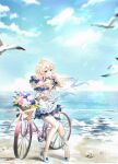  1girl absurdres ahoge animal bangs bare_shoulders beach bicycle bicycle_basket bird blonde_hair blue_bow blue_choker blue_dress blue_eyes blue_flower blue_rose blue_sky bow choker closed_mouth clouds commission danby_merong day dress eyebrows_visible_through_hair flower gradient_hair ground_vehicle hair_between_eyes hair_bow hand_up highres horizon long_hair multicolored_hair ocean off-shoulder_dress off_shoulder original outdoors pink_flower rose sand seagull shoes sky smile solo twintails very_long_hair water white_flower white_footwear yellow_flower 