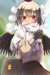  1girl :o black_hair blush cup hat highres holding holding_cup looking_at_viewer plaid plaid_skirt pom_pom_(clothes) red_eyes scarf shameimaru_aya short_hair skirt solo tokin_hat touhou wings winter_clothes yuineko 