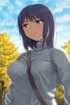  1girl autumn_leaves bangs between_breasts blue_hair blue_sky blue_sweater breasts closed_mouth clouds commentary_request day eyebrows_visible_through_hair hashi looking_away medium_breasts original outdoors short_hair sky solo strap_between_breasts sweater tree turtleneck turtleneck_sweater upper_body violet_eyes 