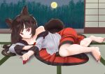  1girl animal_ears bamboo bamboo_forest barefoot breasts brooch brown_hair collarbone commentary feet fingernails forest frown full_body full_moon highres imaizumi_kagerou indoors jewelry long_fingernails long_hair looking_at_viewer lying medium_breasts moon nail_polish nature night off-shoulder_shirt off_shoulder on_side red_eyes red_skirt sharp_fingernails shirt shouji skirt sliding_doors solo stray56 tail tatami toenail_polish toenails toes touhou white_shirt wolf_ears wolf_girl wolf_tail 