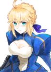  1girl absurdres ahoge artoria_pendragon_(fate) bangs blonde_hair blue_dress blue_ribbon blush closed_mouth clothing_cutout clouds dress eyebrows_visible_through_hair fate/grand_order fate/stay_night fate_(series) gil7enk7 green_eyes hair_between_eyes hair_ribbon hands_on_own_chest highres juliet_sleeves long_sleeves looking_at_viewer outdoors puffy_sleeves purple_sky ribbon saber short_hair sidelocks sky smile solo upper_body 