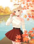  1girl artist_name autumn autumn_leaves bag bangs bare_shoulders belt belt_buckle black_belt blonde_hair buckle casual choker closed_mouth commentary_request cowboy_shot day english_commentary genshin_impact hand_up handbag holding holding_leaf lake leaf lilia_creative long_sleeves looking_at_viewer maple_leaf mixed-language_commentary off-shoulder_shirt off_shoulder orange_eyes outdoors red_skirt revision shirt skirt sleeves_past_wrists smile solo standing sweater water watermark white_sweater yoimiya_(genshin_impact) 