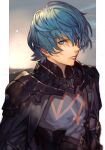  1boy armor blue_eyes blue_hair cape closed_mouth copyright_request grey_cape grey_shirt hankuri looking_at_viewer male_focus pauldrons serious shirt shoulder_armor solo upper_body 