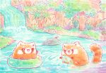 &gt;w&lt; ;3 ;d animal animal_focus artist_name bisquii chibi closed_mouth commentary food forest innertube marshmallow nature no_humans one_eye_closed open_mouth original painting_(medium) palm_tree plant red_panda rock scenery smile sparkle splashing tail_raised traditional_media tree water watercolor_(medium) waterfall 