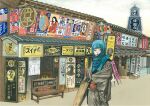  absurdres ambiguous_gender androgynous architecture babyloncafe bench brown_eyes building east_asian_architecture head_scarf highres historical japanese_clothes kimono lips looking_to_the_side oil-paper_umbrella original outdoors sign solo storefront translation_request umbrella 