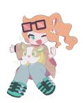  1girl ;d boots brown_coat buttons chibi clenched_hand coat dzuke_(zkchan_0) eyewear_on_head green_eyes green_footwear green_shirt hair_ornament heart heart_hair_ornament highres long_hair looking_at_viewer on_lap one_eye_closed open_mouth orange_hair pants pokemon pokemon_(creature) pokemon_(game) pokemon_on_lap pokemon_swsh shirt side_ponytail smile sonia_(pokemon) sunglasses symbol-only_commentary tied_hair twitter_username white_background yamper 