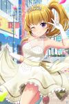  1girl alternative_girls bare_shoulders blonde_hair building city closed_mouth confetti crown_hair_ornament dress eyebrows_visible_through_hair gloves highres looking_at_viewer mizushima_airi official_art one_eye_closed outdoors road side_ponytail smile solo street v violet_eyes wedding_dress white_gloves yellow_dress 