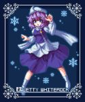  1girl apron blue_background blue_eyes character_name eyebrows_visible_through_hair full_body greenapple_(g_apple0511) letty_whiterock long_sleeves looking_at_viewer pixel_art polearm purple_hair scarf short_hair snowflakes solo standing touhou trident waist_apron weapon white_apron white_footwear white_headwear white_scarf 