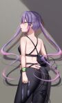  1girl ass bangs black_bra black_pants bra breasts contrapposto demon_girl demon_tail ear_piercing from_behind gradient_hair green_eyes hair_between_eyes hair_ornament hairclip highres hololive long_hair multi-strapped_pants multicolored_hair open_mouth pants piercing pink_hair pointy_ears purple_hair rryiup small_breasts solo sports_bra streaked_hair sweatband tail tokoyami_towa twintails underwear very_long_hair virtual_youtuber yoga_pants 