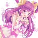  1girl :d bangs blush bow bug butterfly crop_top cure_dream detached_sleeves earrings eyebrows_visible_through_hair hair_bow jewelry long_hair looking_at_viewer meguru_(dagmin) midriff navel pink_hair pleated_skirt precure skirt smile solo stomach twintails very_long_hair violet_eyes white_skirt white_sleeves yellow_bow yes!_precure_5 