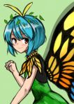  1girl absurdres antennae aqua_hair blush butterfly_wings closed_mouth dress eternity_larva eyebrows_visible_through_hair fairy green_dress grey_background hair_between_eyes highres leaf leaf_on_head multicolored_clothes multicolored_dress orange_eyes sen_(daydream_53) short_hair simple_background single_strap smile solo touhou upper_body wings 