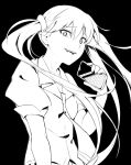  1girl black_background eyebrows_visible_through_hair floating_hair greyscale hair_between_eyes hair_ornament highres holding holding_phone looking_at_viewer monochrome monogatari_(series) naoetsu_high_school_uniform nifffi oikura_sodachi open_mouth owarimonogatari phone school_uniform simple_background solo twintails 