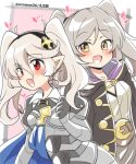  2girls :d alternate_hairstyle bangs black_coat blush coat corrin_(fire_emblem) corrin_(fire_emblem)_(female) eyebrows_visible_through_hair fang fire_emblem fire_emblem_awakening fire_emblem_fates hair_between_eyes long_hair multiple_girls open_mouth pointy_ears red_eyes robin_(fire_emblem) robin_(fire_emblem)_(female) smile twintails twitter_username white_hair yellow_eyes 