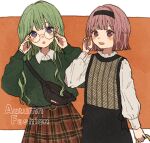  2girls :d alternate_costume bangs belt bespectacled black-framed_eyewear black_bag black_dress black_hairband black_nails brown_belt collared_shirt cowboy_shot dress glasses green_hair green_sweater hairband kusanagi_nene long_hair long_sleeves multiple_girls ootori_emu orange_background pink_eyes pink_hair plaid plaid_skirt project_sekai puffy_long_sleeves puffy_sleeves red_skirt round_eyewear shirt short_hair sidelocks skirt sleeveless sleeveless_dress smile sweater violet_eyes white_shirt 