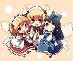  3girls :d ;) bangs black_footwear black_hair blonde_hair blue_bow blue_dress blunt_bangs bow brown_eyes closed_mouth dress drill_locks eyebrows_visible_through_hair fairy_wings fang full_body hair_bow headdress hime_cut juliet_sleeves long_hair long_sleeves looking_at_viewer luna_child matatabi_(nigatsu) multiple_girls one_eye_closed open_mouth orange_background orange_hair puffy_sleeves red_dress red_eyes short_hair smile star_sapphire sunny_milk touhou two_side_up violet_eyes white_dress white_headwear wide_sleeves wings 
