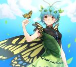  1girl animal antennae aqua_hair blush bug butterfly butterfly_wings day dress eternity_larva eyebrows_visible_through_hair fairy green_dress hair_between_eyes highres leaf leaf_on_head multicolored_clothes multicolored_dress nr_mkn short_hair single_strap solo touhou upper_body wings yellow_eyes 