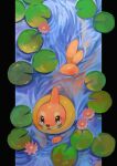 brown_eyes buizel commentary_request flower from_above highres kikuyoshi_(tracco) lily_pad looking_up no_humans open_mouth pillarboxed pink_flower pokemon pokemon_(creature) signature solo swimming water 