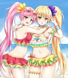  2girls akira_sonchou bangs bikini bikini_top blonde_hair blush metatron_(monster_strike) monster_strike pink_hair ponytail sandalphon_(monster_strike) twins 