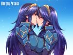  2girls armor artist_name blue_background blue_hair breasts closed_eyes commentary commission doctor_zexxck english_commentary eyebrows_visible_through_hair fire_emblem fire_emblem_awakening gradient gradient_background hair_between_eyes kiss large_breasts long_hair lucina_(fire_emblem) multiple_girls selfcest shoulder_armor tongue two-tone_background upper_body watermark white_background yuri 