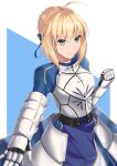  1girl ahoge armor artoria_pendragon_(fate) bangs blonde_hair blue_eyes blue_shirt braid breastplate crown_braid dark_background dripping fate/stay_night fate_(series) from_side gauntlets hair_bun hair_ribbon highres juliet_sleeves long_sleeves puffy_sleeves purple_ribbon rain ribbon saber shirt smile solo upper_body usk water_drop 