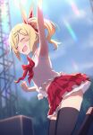  1girl :d ^_^ arm_up armpits black_legwear blonde_hair blurry blurry_background blush bow bowtie character_request closed_eyes fang hair_bow hair_ornament hairclip highres layered_skirt long_hair midriff mikazuchi_zeus miniskirt outdoors pleated_skirt red_bow red_bowtie red_skirt shirt side_ponytail skirt sleeveless sleeveless_shirt smile solo stage stomach thigh-highs two-tone_skirt white_shirt white_skirt x_hair_ornament zettai_ryouiki 