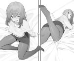  1girl :d blush from_above from_behind greyscale highres kotoribako long_hair looking_at_viewer lying miniskirt monochrome multiple_views no_shoes on_bed on_stomach open_mouth original pantyhose pencil_skirt sitting skirt smile sweater yokozuwari 