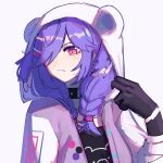  1girl animal_hood bangs bear_hood black_collar black_shirt braid collar hair_over_one_eye head_tilt hood hood_up hooded_jacket jacket letterman_jacket looking_at_viewer nijisanji nijisanji_en one_eye_covered portrait purple_hair purple_jacket selen_tatsuki shirt solo twin_braids violet_eyes virtual_youtuber white_background yuno_(p2eocene) 