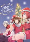  1girl 2boys blue_eyes breasts brown_hair christmas_tree closed_mouth dress gloves gogo_(detteiu_de) green_eyes hat highres jewelry kairi_(kingdom_hearts) kingdom_hearts kingdom_hearts_ii medium_hair multiple_boys redhead riku_(kingdom_hearts) santa_costume silver_hair smile sora_(kingdom_hearts) 