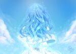  1girl arms_behind_back blue_hair blue_sky blue_theme capelet clouds dated day dress facing_away from_behind juliet_sleeves light_particles long_hair long_sleeves mahou_sekai_no_uketsukejou_ni_naritai_desu puffy_sleeves signature sky solo umi111 upper_body white_capelet white_dress 