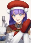  1girl apron bangs blue_eyes blunt_bangs breasts brooch brown_shirt fate/grand_order fate_(series) hat jewelry kouzuki_kei long_hair long_sleeves looking_at_viewer martha_(fate) martha_(santa)_(fate) medium_breasts mittens off_shoulder open_mouth purple_hair red_headwear santa_hat shirt smile tarrasque_(fate) white_apron 