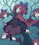  1girl absurdres black_shirt blue_bow bow cape cloak disembodied_head floating_head forest full_body hair_bow high_collar highres kame_(kamepan44231) long_sleeves looking_at_viewer nature outdoors red_cape red_cloak red_eyes red_skirt redhead sekibanki shirt short_hair skirt solo touhou tree 