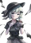  1girl absurdres bangs black_bow black_headwear black_shirt bow closed_mouth cowboy_shot eyebrows_visible_through_hair green_eyes green_hair hat hat_bow hat_ribbon highres hire_(uret4788) ice ice_wings komeiji_koishi looking_at_viewer ribbon shirt short_hair short_sleeves simple_background solo standing third_eye touhou white_background wings 