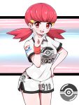  1girl :d absurdres alternate_costume blush breasts hand_on_hip hand_up highres jersey looking_at_viewer open_mouth poke_ball_print pokemon pokemon_(game) pokemon_hgss print_shirt red_eyes redhead shabana_may shirt short_shorts short_sleeves shorts smile solo sportswear twintails uniform_number white_shirt white_shorts whitney_(pokemon) 