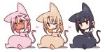  3girls blonde_hair blush brown_eyes chloe_von_einzbern dark_blue_hair dark_skin fate/grand_order fate/kaleid_liner_prisma_illya fate_(series) illyasviel_von_einzbern miyu_edelfelt multiple_girls one_eye_closed pink_hair red_eyes tail uwu yellow_eyes yoru_nai 