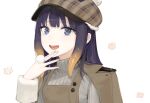 1girl :d blue_eyes brown_coat brown_headwear cabbie_hat coat coat_on_shoulders commentary_request gradient_hair grey_sweater hand_up hat highres hololive hololive_english long_sleeves looking_at_viewer multicolored_hair ninomae_ina&#039;nis open_mouth oyabuli purple_hair round_teeth simple_background smile solo sweater teeth tentacle_hair upper_body upper_teeth white_background 