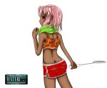  1girl back dark_skin green_towel looking_at_viewer looking_back monochrome original pink_hair red_eyes short_shorts simple_background solo sports_bra sportswear sweat sweating_profusely tennis_racket towel towel_around_neck wet wet_clothes white_background 