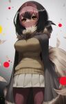  1girl bangs bird_tail black_hair breasts brown_skirt brown_sweater closed_mouth dodo_(kemono_friends) empty_eyes feathers from_below fur_collar fur_trim grey_background hair_between_eyes hairband highres kemono_friends long_sleeves looking_down miniskirt multicolored_hair notora pantyhose pink_hair pink_hairband pink_legwear pleated_skirt poncho short_hair simple_background skirt solo sweater tail yellow_eyes 