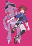  1boy :d blue_jacket bodysuit brown_hair closed_eyes commentary_request full_body genesect grey_shorts happy highres jacket knees male_focus nate_(pokemon) open_mouth pokemon pokemon_(creature) pokemon_(game) pokemon_bw2 purple_background red_headwear shoes short_hair short_sleeves shorts simple_background smile sneakers teeth tongue umekobushi upper_teeth visor_cap 