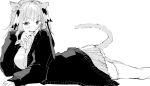  1girl :d animal_ears asai_(00:05) bangs black_cardigan black_ribbon blunt_bangs blush breasts butterfly_hair_ornament cardigan cat_ears cat_tail collarbone elbow_rest go-toubun_no_hanayome hair_ornament large_breasts looking_at_viewer lying monochrome nakano_nino on_stomach open_cardigan open_clothes ribbon shirt simple_background skirt sleeves_past_wrists smile tail thigh-highs twintails v-shaped_eyebrows white_background white_legwear white_shirt zettai_ryouiki 
