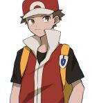  1boy backpack bag baseball_cap black_shirt brown_eyes brown_hair closed_mouth commentary_request frown hat highres jacket male_focus pokemon pokemon_(game) pokemon_frlg popped_collar red_(pokemon) red_headwear shirt short_hair short_sleeves sideways_glance simple_background solo spiky_hair t-shirt umekobushi upper_body vs_seeker white_background yellow_bag 