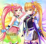  2girls akira_sonchou bangs blonde_hair blush metatron_(monster_strike) monster_strike pink_hair ponytail sandalphon_(monster_strike) twins 
