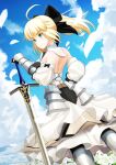  1girl a-senmei armor armored_dress artoria_pendragon_(all) black_bow blonde_hair blue_sky bow breastplate clouds day dress excalibur eyebrows_visible_through_hair fate/unlimited_codes fate_(series) faulds floating_hair gauntlets green_eyes hair_between_eyes hair_bow hands_on_hilt highres long_hair looking_at_viewer outdoors petals ponytail saber_lily signature sky sleeveless sleeveless_dress smile solo standing white_dress 