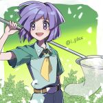  1boy :d belt belt_buckle blush brown_belt buckle bugsy_(pokemon) butterfly_net collared_shirt commentary green_shirt green_shorts hand_net holding holding_butterfly_net i_g1ax male_focus neckerchief open_mouth pokemon pokemon_(game) pokemon_hgss purple_hair shirt short_hair short_sleeves shorts smile solo teeth tongue twitter_username upper_teeth violet_eyes yellow_neckerchief 