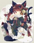  1girl adapted_costume animal_ear_fluff animal_ears bangs bell black_bow black_legwear blunt_bangs bow braid cat_ears cat_tail commentary_request doily dress fang fang_out full_body fur-trimmed_dress fur_trim gift green_bow green_dress hair_bell hair_ornament hand_up highres kaenbyou_rin long_hair long_sleeves looking_at_viewer multiple_tails neck_bell neck_ribbon nikorashi-ka one-hour_drawing_challenge one_eye_closed one_knee pantyhose paw_pose polka_dot polka_dot_background red_bow red_eyes red_ribbon redhead ribbon sack skull smile solo striped striped_bow tail touhou twin_braids twintails two_tails 