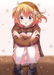  1girl :o alternate_costume bangs black_footwear blue_eyes blue_panties blush breath brown_coat coat commentary_request eyebrows_visible_through_hair flower gochuumon_wa_usagi_desu_ka? hair_between_eyes hair_flower hair_ornament hairclip highres hoto_cocoa hugging_own_legs kohakugin long_sleeves looking_at_viewer open_mouth orange_hair panties pantyshot shoes skirt snow solo squatting underwear violet_eyes white_legwear 