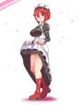  1girl azure_striker_gunvolt azure_striker_gunvolt_2 boots breasts cougar_(cougar1404) eyebrows_visible_through_hair full_body green_neckwear hair_between_eyes large_breasts looking_at_viewer looking_down maid nowa_(gunvolt) open_mouth red_eyes redhead short_hair solo 