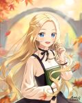  1girl artist_name autumn autumn_leaves black_dress blonde_hair blue_eyes blurry blurry_background blush book bridge commentary dress dress_shirt english_commentary evening flower forehead hair_flower hair_ornament holding leaf lilia_creative long_hair long_sleeves looking_at_viewer maple_leaf neck_ribbon open_mouth original reading revision ribbon shirt smile sunset upper_body wavy_hair white_shirt wide_sleeves 