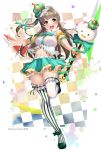  1girl :d absurdres breasts brown_hair checkered_background crown eyebrows_visible_through_hair full_body green_ribbon green_skirt highres holding holding_scepter long_hair looking_at_viewer love_live! love_live!_school_idol_project medium_breasts midriff minami_kotori nakano_maru navel ribbon round_teeth scepter side_ponytail skirt smile solo standing standing_on_one_leg striped striped_legwear teeth thigh-highs thighs twitter_username upper_teeth vertical-striped_legwear vertical_stripes white_legwear yellow_eyes zettai_ryouiki 