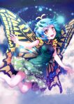  1girl antennae aqua_hair bare_legs barefoot blush butterfly_wings dress eternity_larva fairy green_dress hair_between_eyes highres ikamagu leaf leaf_on_head multicolored_clothes multicolored_dress open_mouth orange_eyes short_hair single_strap smile solo touhou wings 